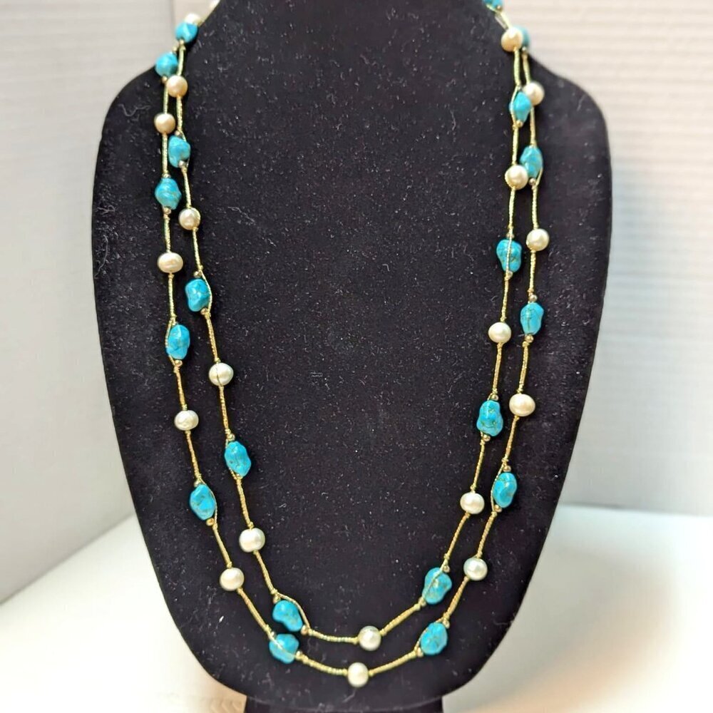Howlite Nuggets & Real White Pearl Long Necklace Gold Color Wire 56"